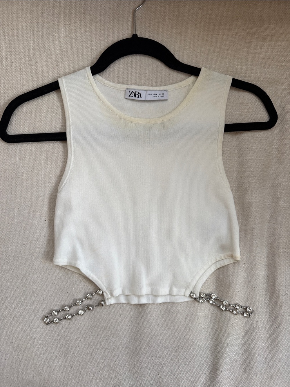 Zara Cream Cropped Tank Top with Rhinestone Chain Hem